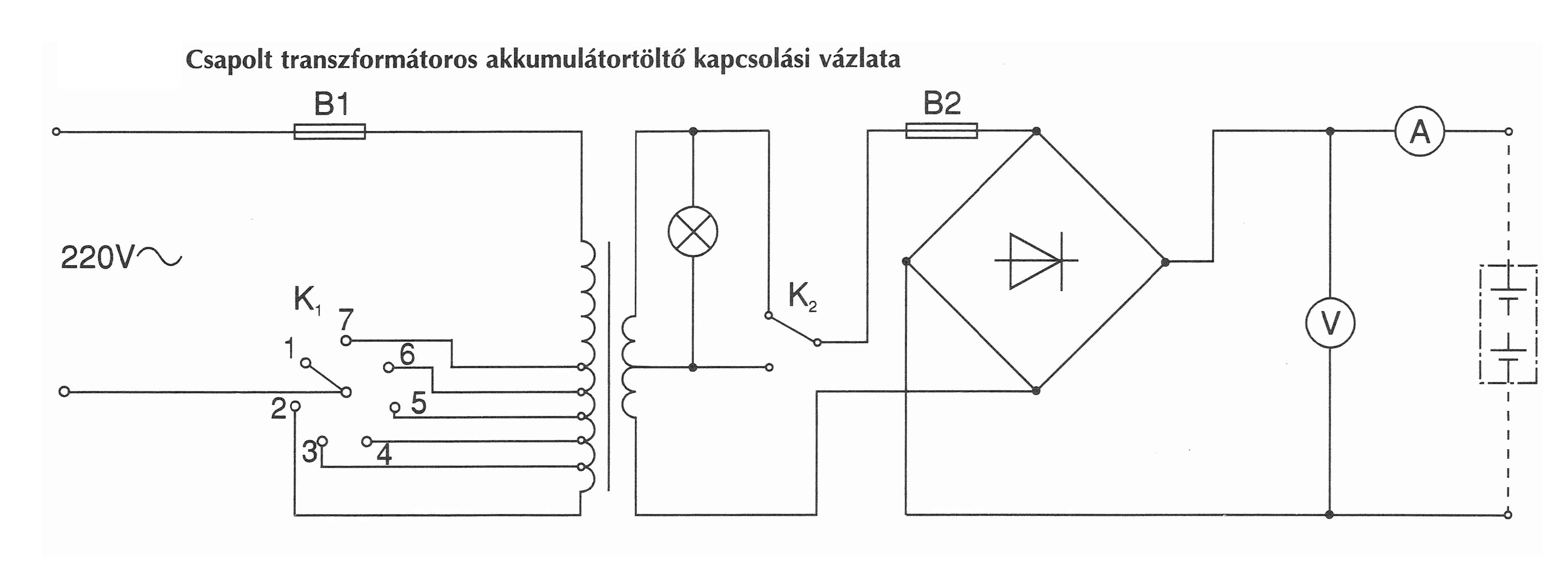 Csapolt transzformátoros akkumulátor töltő kapcsolási ábra